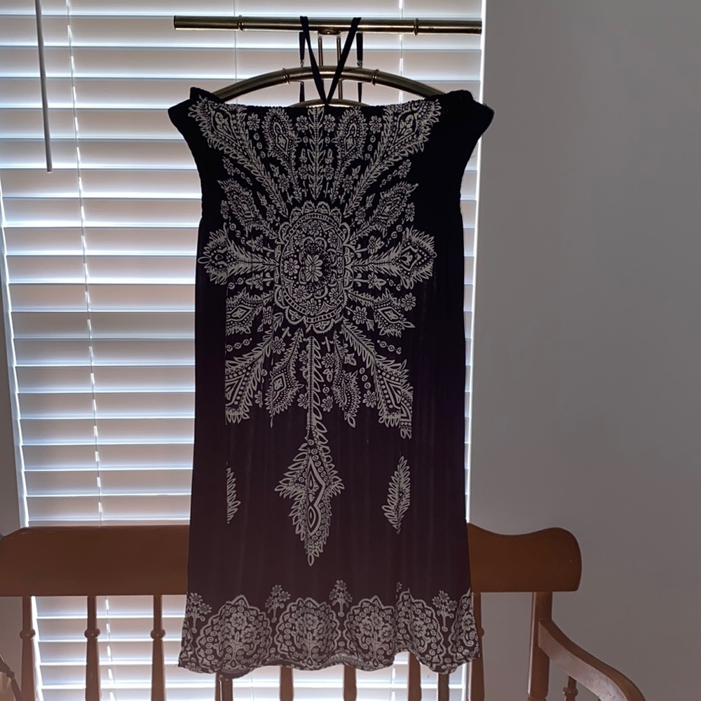 Dark blue/white strapless with neck tie option short maxi dress/swim cover